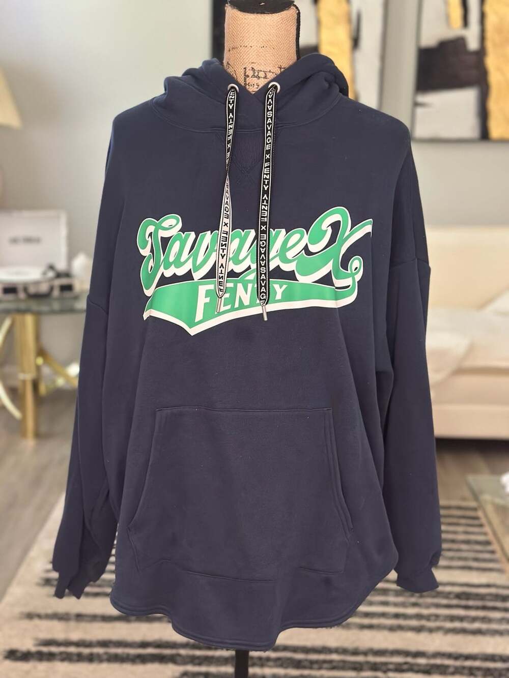 Savage X Fenty Essential Team Graphic Oversized Hoodie Size XXS Navy Green